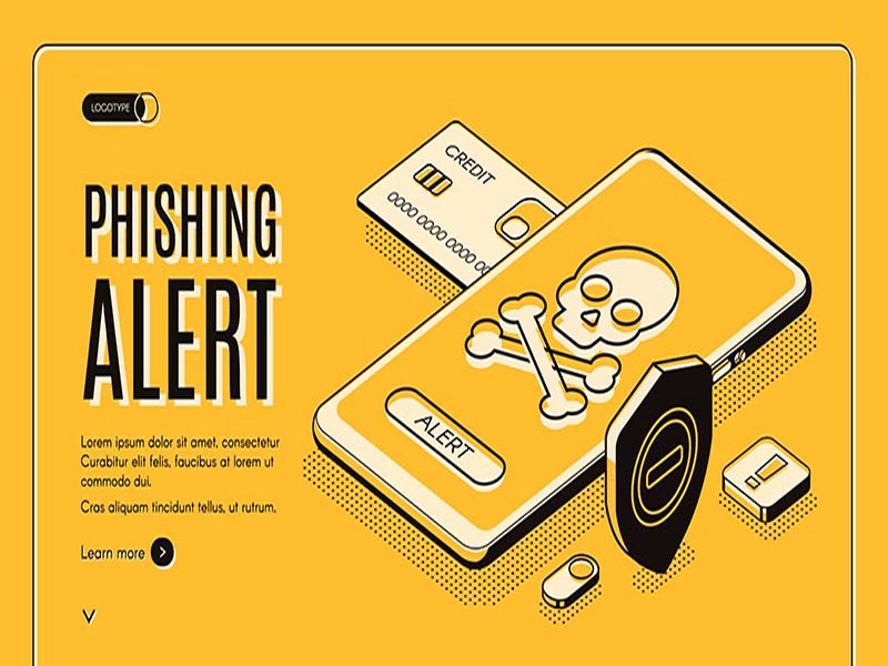 Phishing alert security mobile app, solution for personal data and finances secure from unauthorized access isometric vector web banner. Skull with crosses bones on phone screen line art illustration